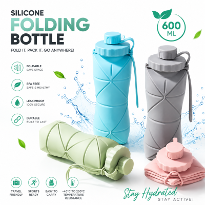 Creative Silicone Folding Water Cup – 600ml Portable & Scalable Leak-Proof Travel Bottle with Lid & Handle for Sports, Gym, Office & School (Multi-Color)